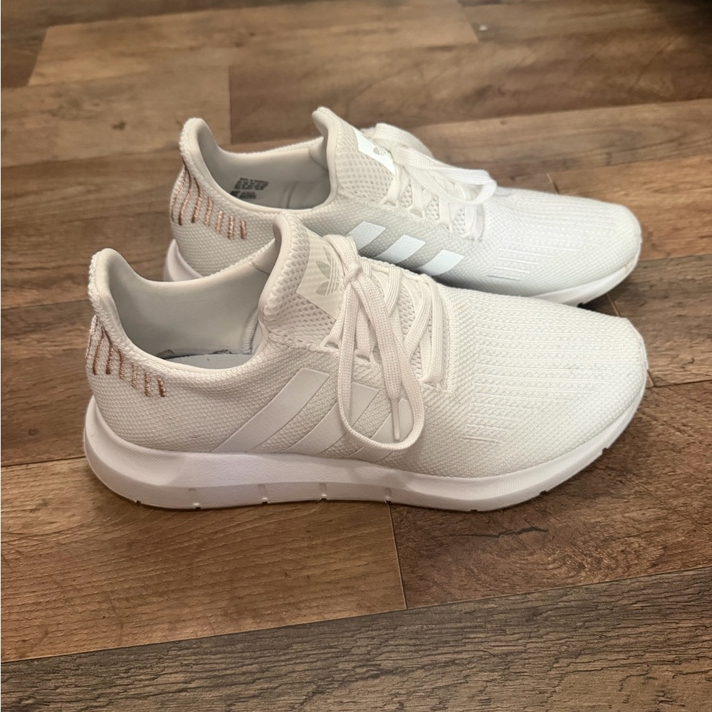 adidas women’s White Lace-Up Sneakers with Subtle Rose Accent